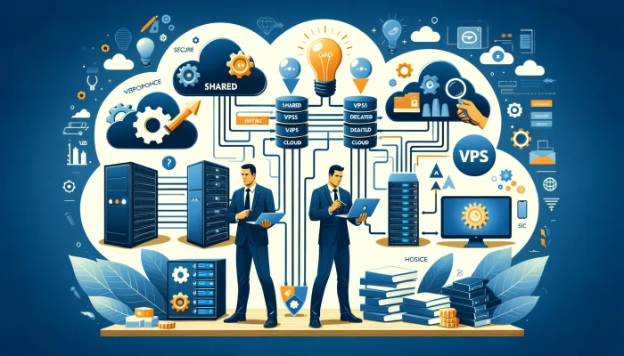 Illustration of various web hosting options including shared, VPS, dedicated, and cloud hosting.