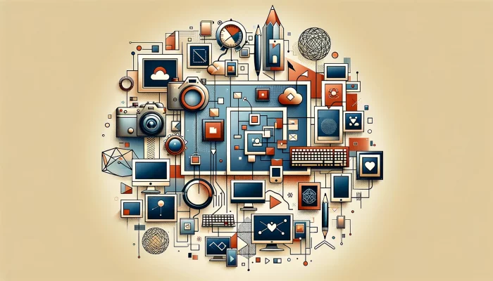 Collage of professional work and gallery motifs for a creative portfolio background.