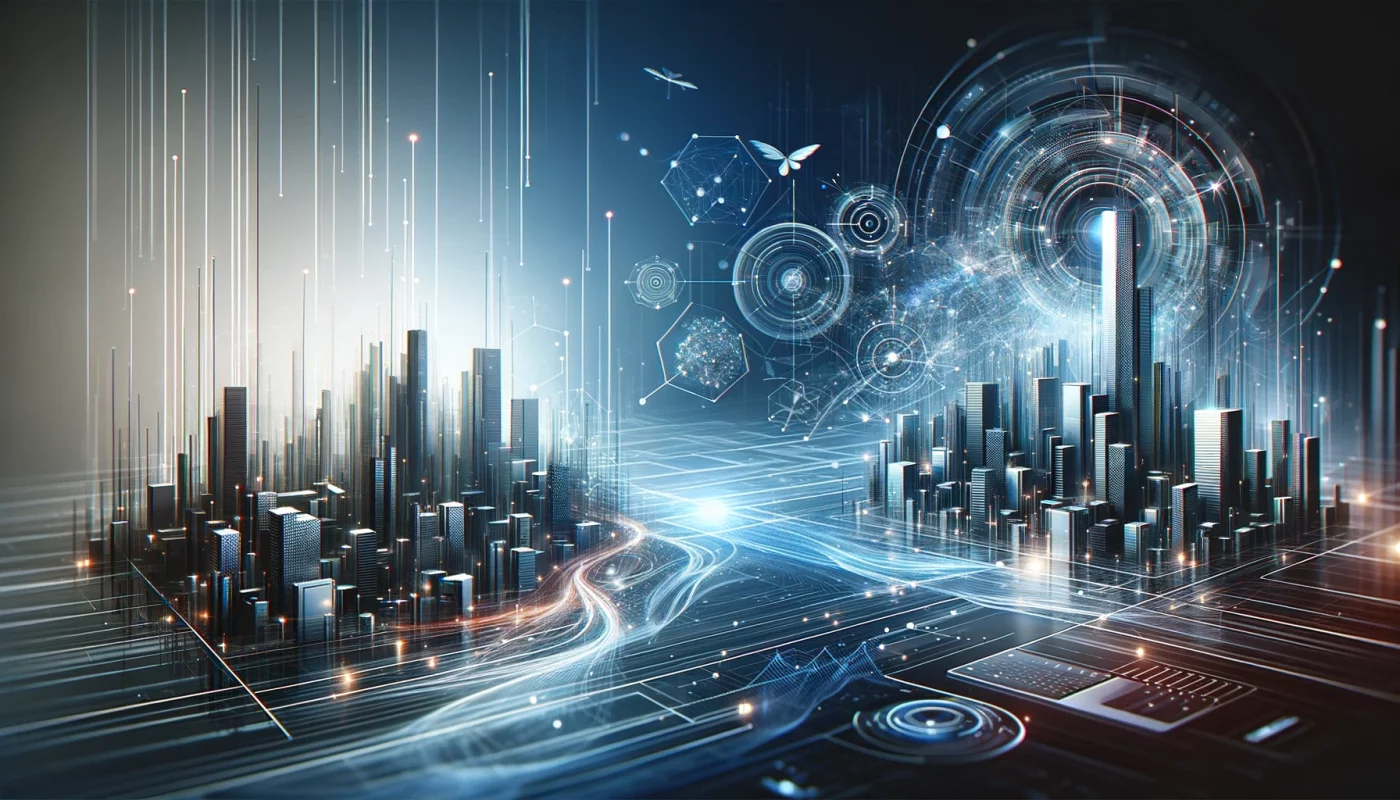 Abstract digital cityscape with interconnected data streams and futuristic technology elements.