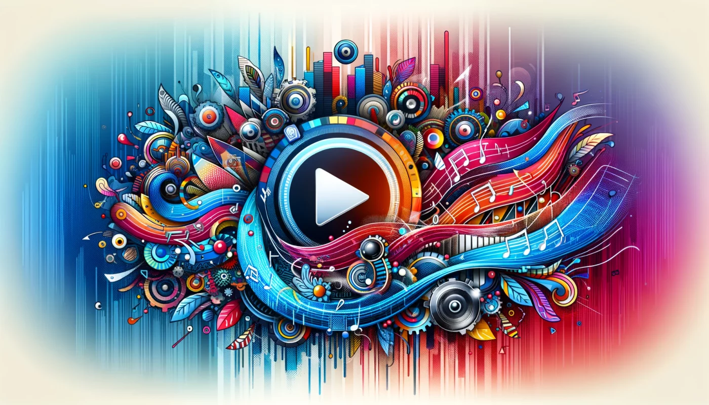Energetic and colorful background with multimedia and video play elements.