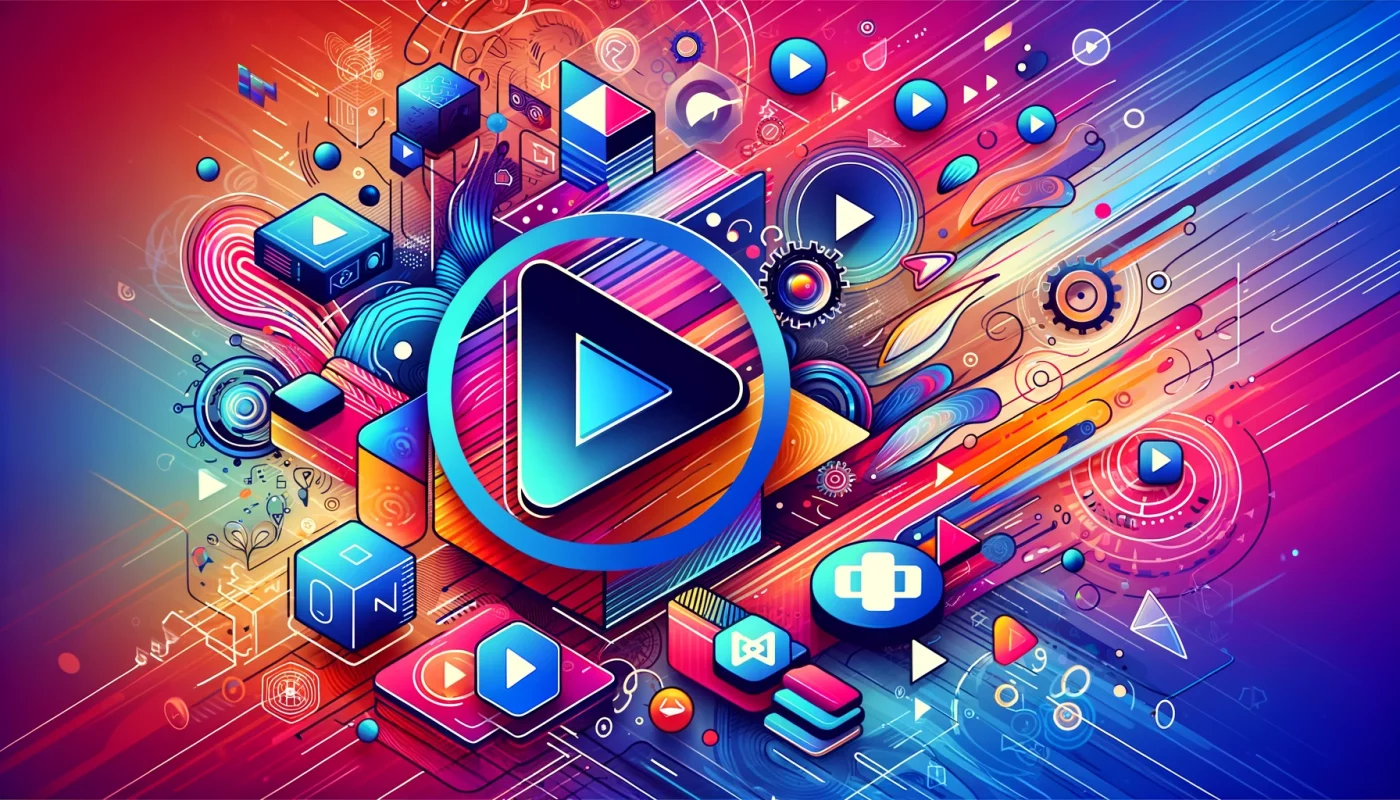 Interactive multimedia background with vibrant play icons for video content.