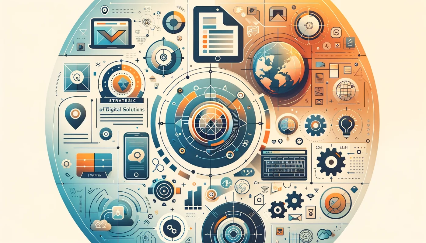 Abstract representation of strategic digital solutions with icons and graphics.