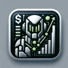 Icon depicting a robot figure with forex symbols and upward trend graphs, indicating automated trading and financial growth.