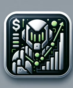 Icon depicting a robot figure with forex symbols and upward trend graphs, indicating automated trading and financial growth.