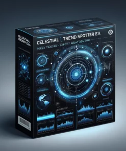 Digital product box for 'Celestial Trend Spotter EA' featuring celestial and market analysis themes.
