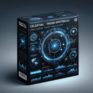 Digital product box for 'Celestial Trend Spotter EA' featuring celestial and market analysis themes.