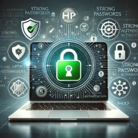 Secure website interface on a laptop screen with a green padlock icon indicating HTTPS connection, surrounded by cybersecurity icons such as a shield, locks, updates, and backups.