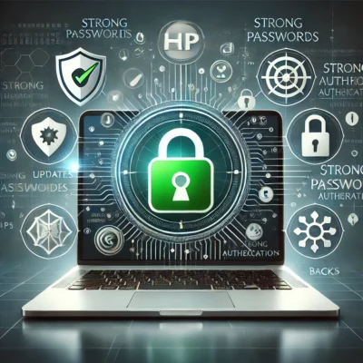 Secure website interface on a laptop screen with a green padlock icon indicating HTTPS connection, surrounded by cybersecurity icons such as a shield, locks, updates, and backups.