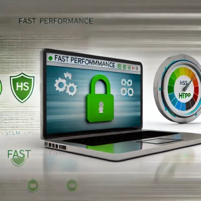 Modern, sleek laptop displaying a secure website with a green padlock icon for HTTPS, surrounded by symbols for website speed optimization, updates, and security.