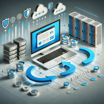 High-resolution image showing the process of migrating a website to a new host, featuring a computer screen with a website, arrows indicating data transfer, server racks, cloud icons, and security shields.